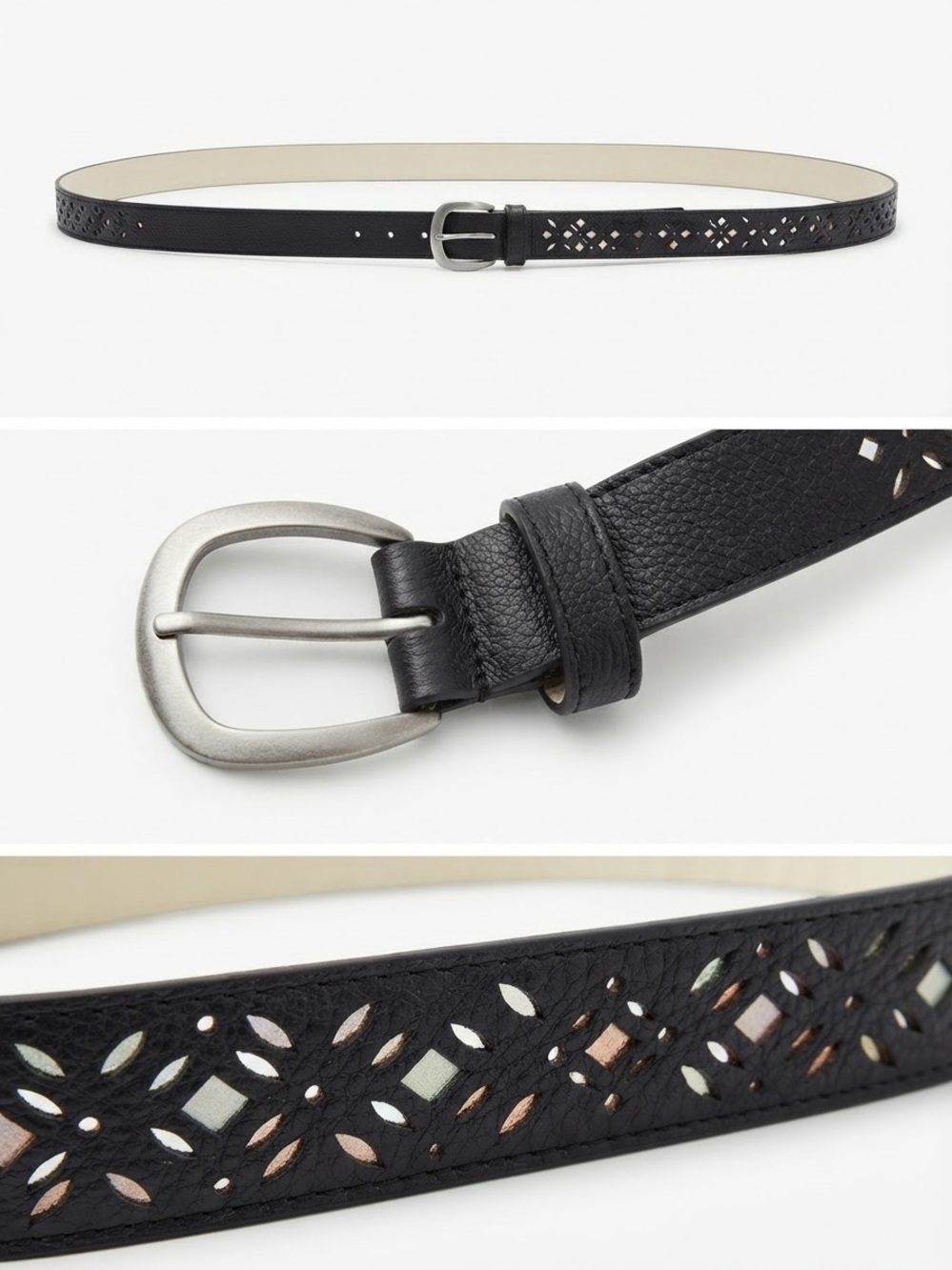Classic Women's Black Leather Belt with Textured Detail